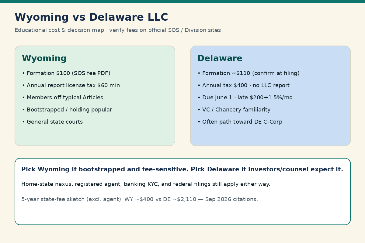 Decision diagram: Wyoming LLC for low cost and privacy-oriented SaaS holdings versus Delaware LLC for VC and Court of Chancery path